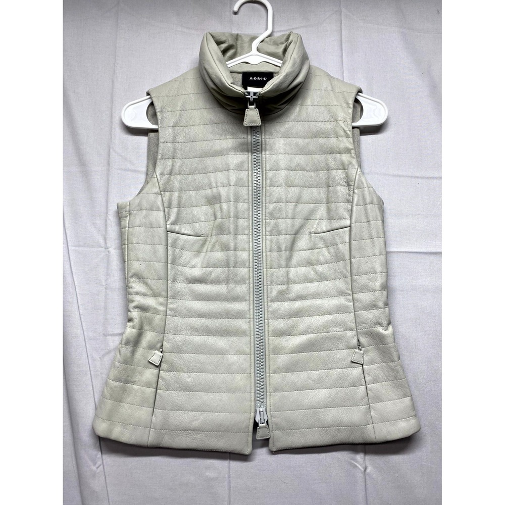 Akris Vest Womens 6 Light Beige Lamb Nappa Leather Pockets Sleeveless Zip Front